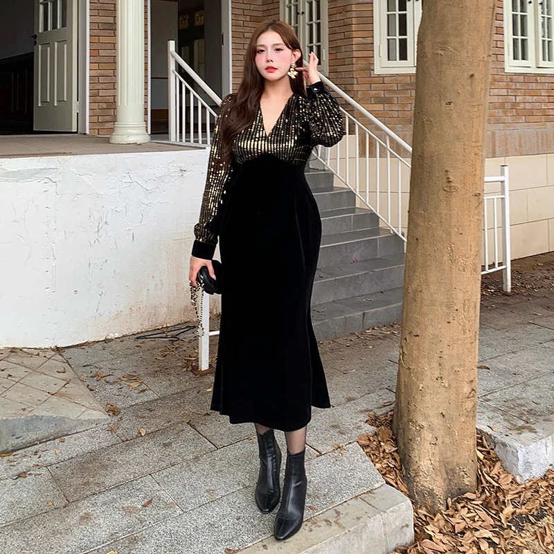 新品大きいサイズ XL-5XL 高級感 ワンピース 秋冬 ベルベット 体型カバー マーメイド ドッキング ロングワンピース フォーマル パーティー メガ割 6,221円