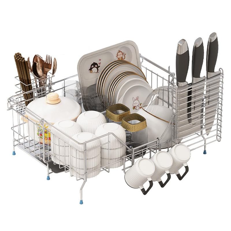 水切りラック スライド伸縮式 ステンレス 3連グラスホルダー 包丁入れ 箸置き付き 幅21-37cm×奥行47cm シンク 水切り 横置き 食器ラック キッチン用水切りかご 省スペースに置ける 洗い用