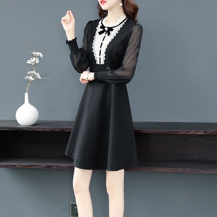 ワンピース ミディアム丈 送料無料 フレアワンピース パンチングレース レース襟 カシュクール リボン クルーネック カラー シアー シースルー 半袖 袖あり パフスリーブ 袖あり フレア スクエアネ