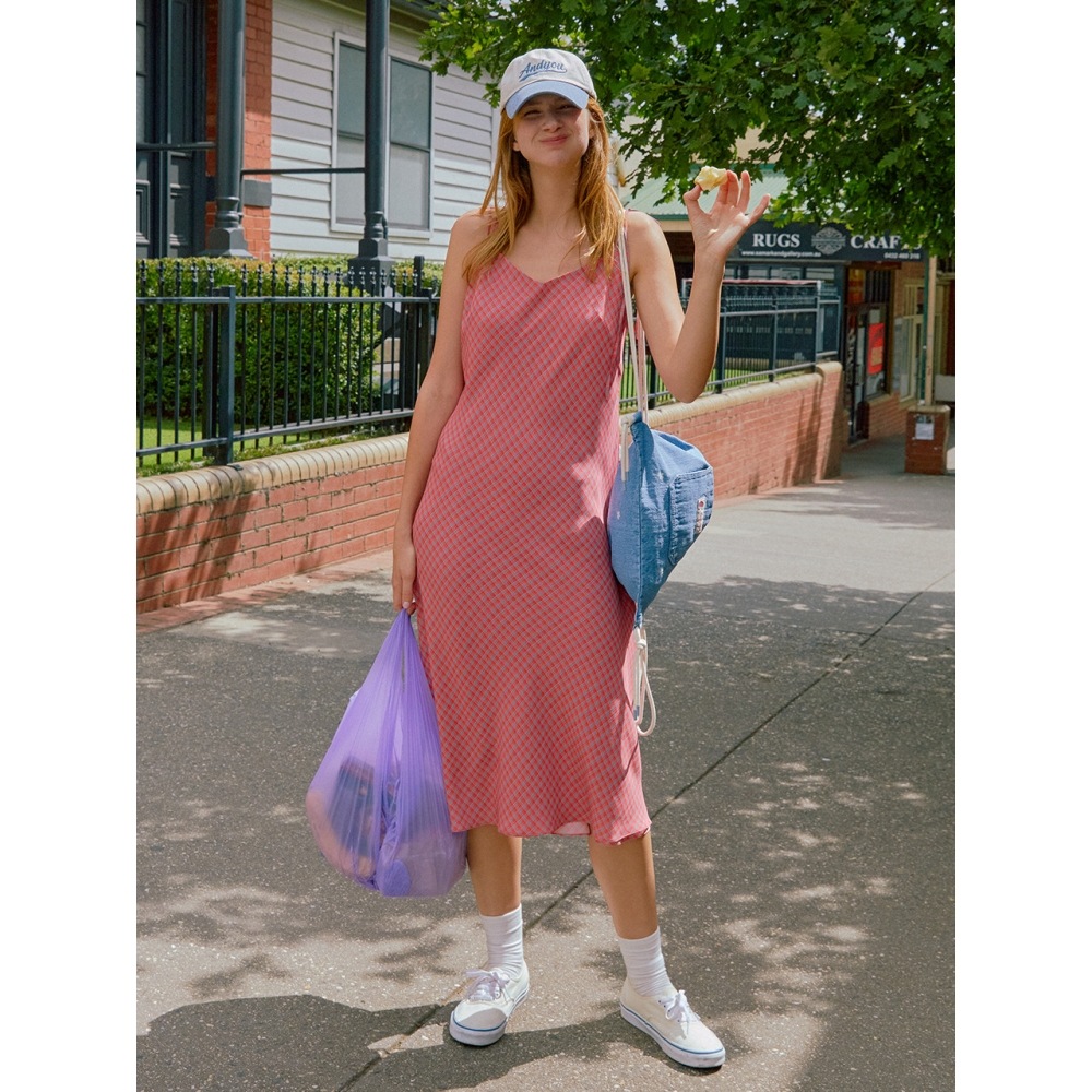 AND YOU Hillier バイアスカットスリープドレス (レッドチェックベージュチェック)