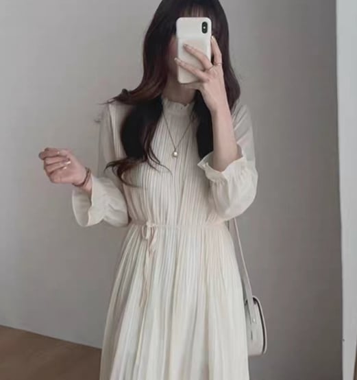 ワンピース ワンピドレス 膝下 ロング丈 長袖 トランペットスリーブ ラウンドネック スリム Aライン ハイウエスト シフォン ポリエステル レトロ 大人女子 キュート 個性的 アプリコット ブラック 5,502円