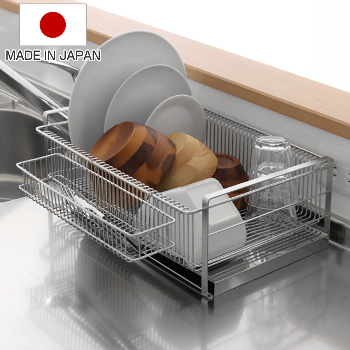 水切りラック TSUBAME 水切りラック（箸置き付） 横置き ワイド ステンレス 日本製 燕三条 カトラリーポケット付き 水切りかご 水切りカゴ 水きりラック 水切りバスケット