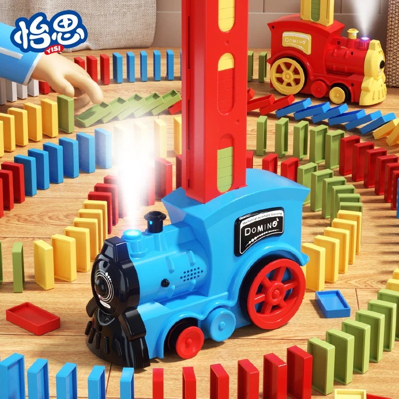 Diy子供用おもちゃの車ドミノ自動リリースサインスプレー小型電車電気音と光のパズル- 小さな青い電車 [80 個のドミノ] 小さな赤い電車 [ドミノ 80 個] 透明列車【ドミノ80個】