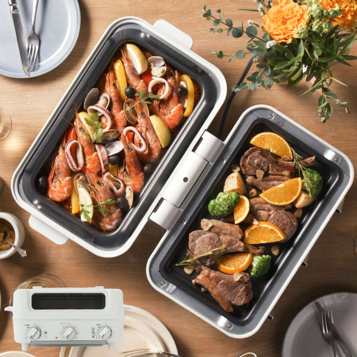 スマートトースターグリル AINX ホットプレート トースター トップオープン 温度調整機能付き アイネクス オーブントースター グリル たこ焼き器 焼肉プレート 鍋プレート ガラス蓋付き