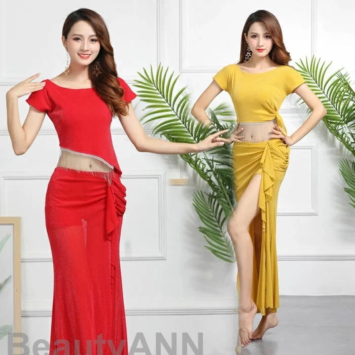 サイズM/L/XL べリーダンス衣装 ベリーダンスセット衣装 舞台衣装 レッスン着 社交ダンス衣装 練習着　コスチューム 2点セット トップス スカート 発表会イベント コスプレ レッド ブラック イ 6,869円