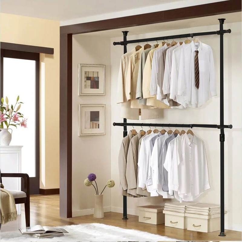 突っ張りハンガーラック 衣類収納 ポールハンガーラック幅70-180cm 耐荷重 60kg ダブル 布団も干せる 縦横伸縮 引っ掛け棒付属 組立かんたん