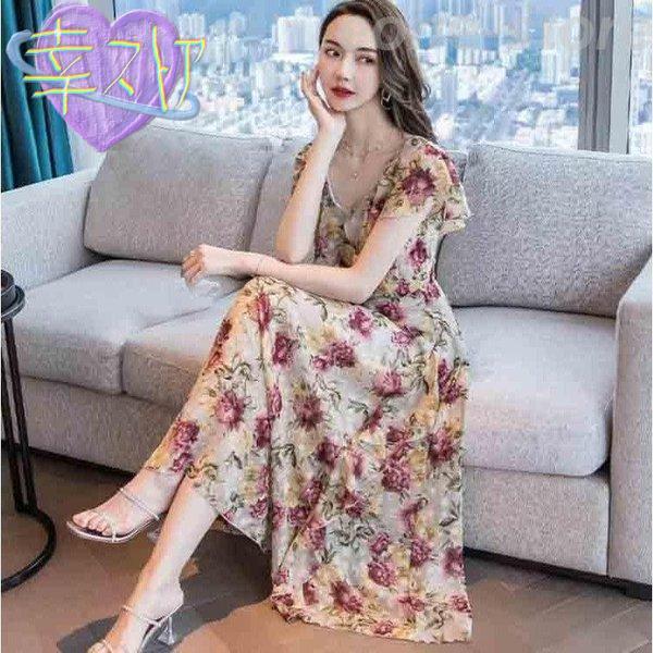 ワンピース レディース 40代 きれいめ 夏 マキシワンピース 半袖 シフォン 花柄 大きいサイズ パーティードレス 韓国風 おしゃれ 可愛い 通勤 OL 上品 着痩せ