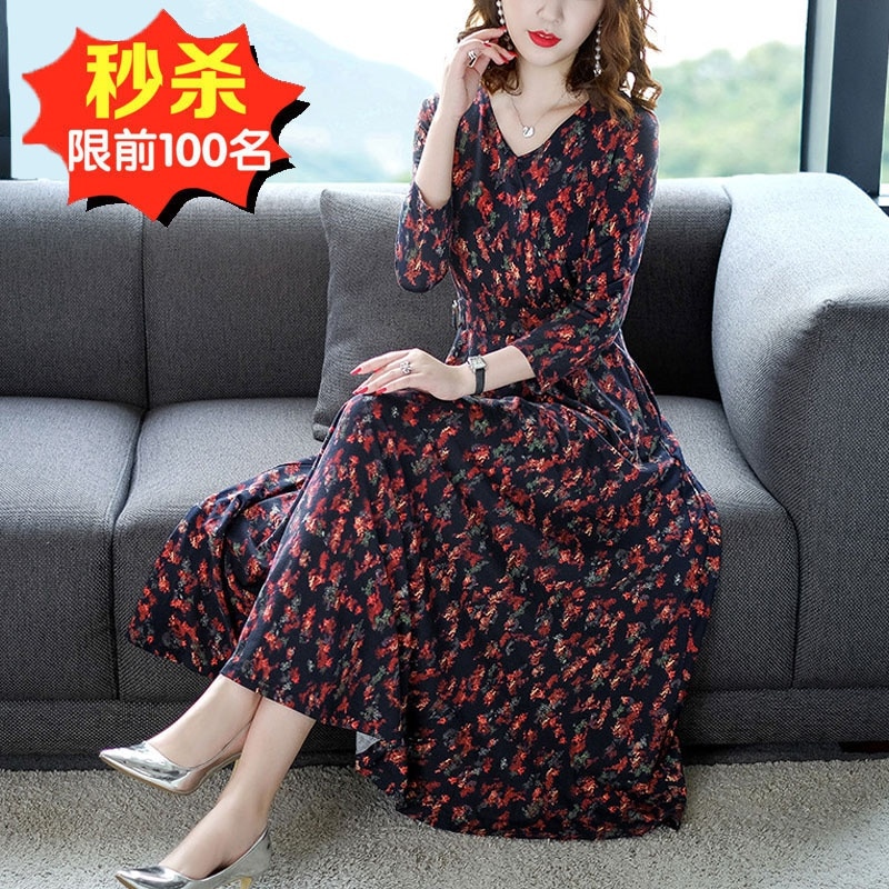 初秋女装4 o一5 o長袖のvネックニットワンピース修身春秋気質トレンカドレス