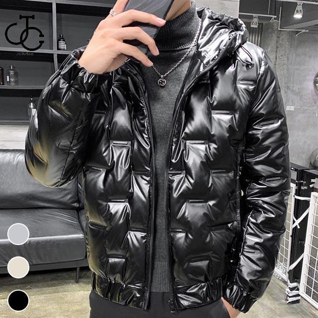 【即納】メンズ ダウンジャケット フード付き ジャケット 厚手 立ち襟 アウター 冬 ダウンコート 光沢感 冬ジャケット 防寒服 シルバー ゴールド