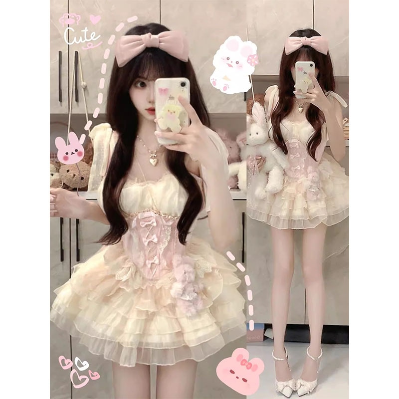 コスプレドレスロリータスカートワンピースサマーバレエラブストラップサスペンダースカート リボンウエストパフィーケーキスカート 5,688円