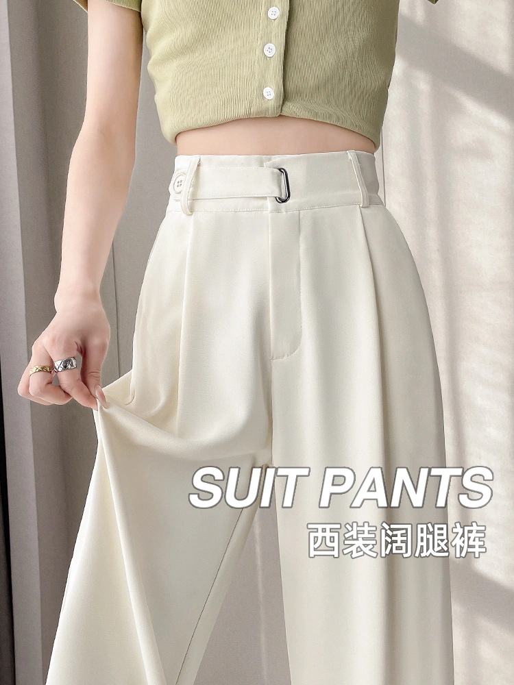 パンツ茶の白い氷の糸の広腿のズボンの女性の夏の薄い金の高腰の狭い版のストレートのズボンのカジュアルなスーツのズボンの高級感の垂れ下がった感じ
