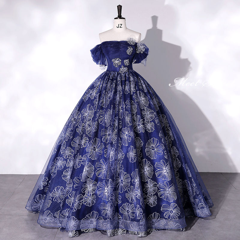 ウェディングドレス ウエディングドレス カラードレス ロングドレス 演奏会 イブニングドレス プリンセスラインドレス ステージ 舞台衣装 発表会ドレス コンサート コンクール 大人 花柄 ネイビー ブ