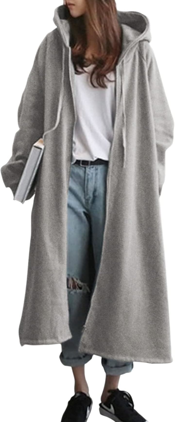 マリアマーファ あったか 裏起毛 フード付き ロングパーカー スリット入り もこもこ コート 秋 冬 トレーニングウェア 大きい サイズ 大きめ ビックシルエット(グレー, L)