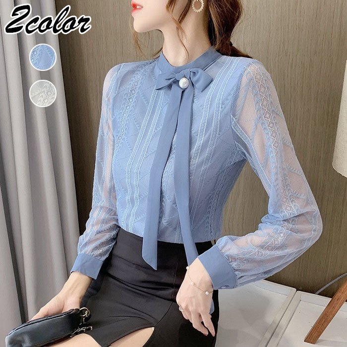今っぽシアーシャツ ブラウス UVカット ブラウス レディース きれいめ 40代 春夏秋 オシャレブラウス レースブラウスリボンネック 長袖ト