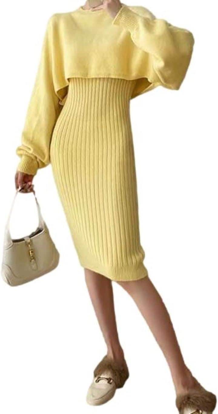 ブルーベリル ワンピース ニット セットアップ レディース 膝下丈 ニットプルオーバー ドルマンスリーブ 丸首 BB021(イエロー, L)