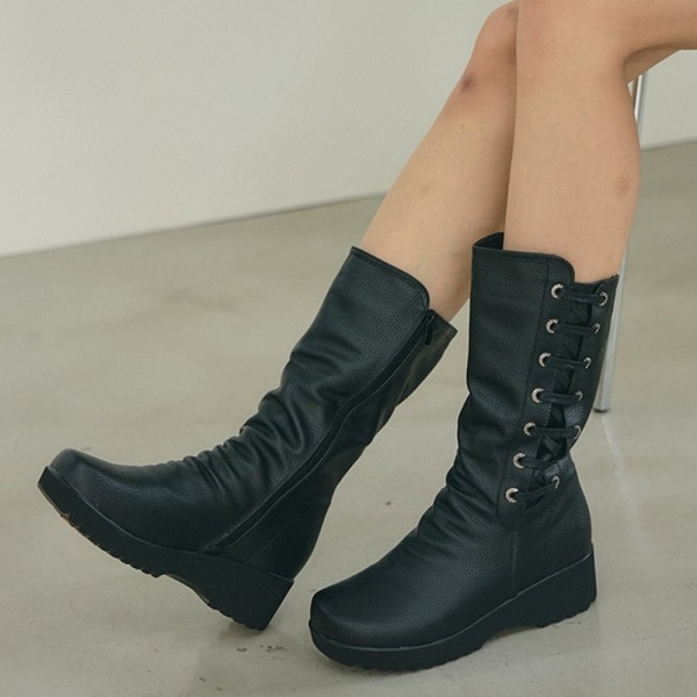 (Ninas Paris) 5cm チャンキーヒールサイドレースアップレザーブーツ