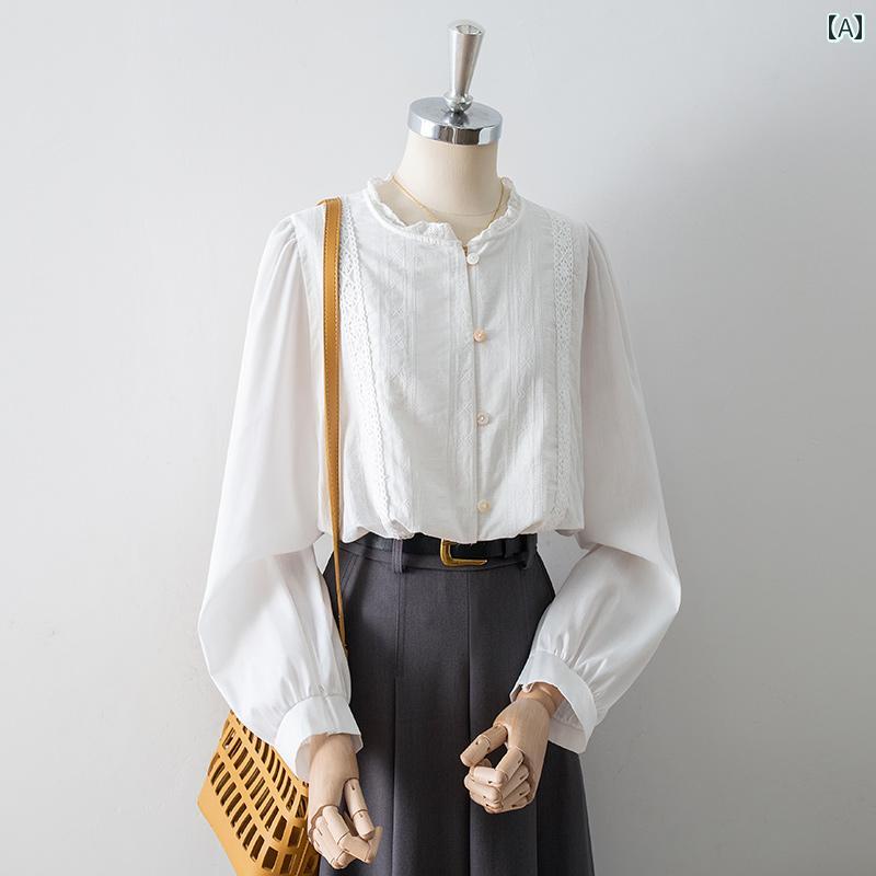 レディース シャツ ブラウス 長袖 春秋 フレンチレース 白 レース立ち襟 ランタンスリーブ シングルブレスト クラシックデザイン ヴィンテージ フェミニン エレガント ロマンティック おしゃれ