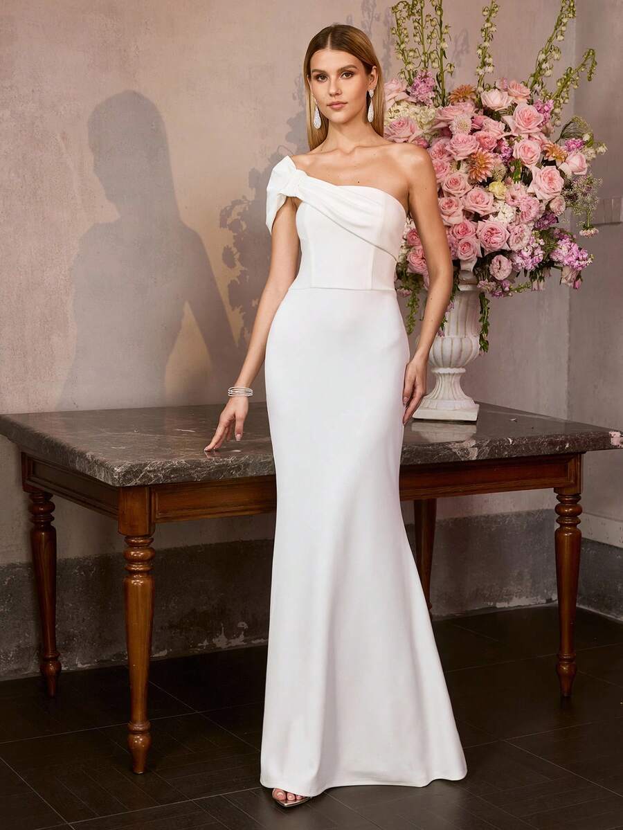 女性用エレガントなワンショルダーマキシフォームフィッティングニットマーメイドヘムドレス結婚式ガラ祝賀会などに最適