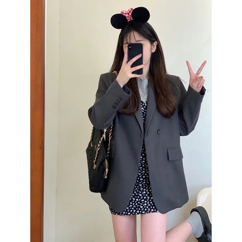 小柄な女性のための韓国風グレーの小さなスーツジャケット2024春と秋の新しいスタイルの緩いプロスーツ今年人気