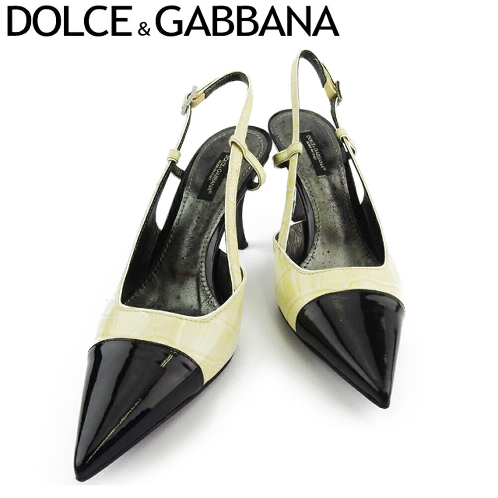 パンプス シューズ 靴 クロコ調 レディース 37ハーフ ドルガバ ポインテッドトゥ ベージュ ブラック シルバー 中古