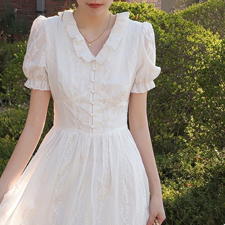 刺繡重工業綿2025夏白気質優しいパフスリーブロングドレス女性 母の日-0009332