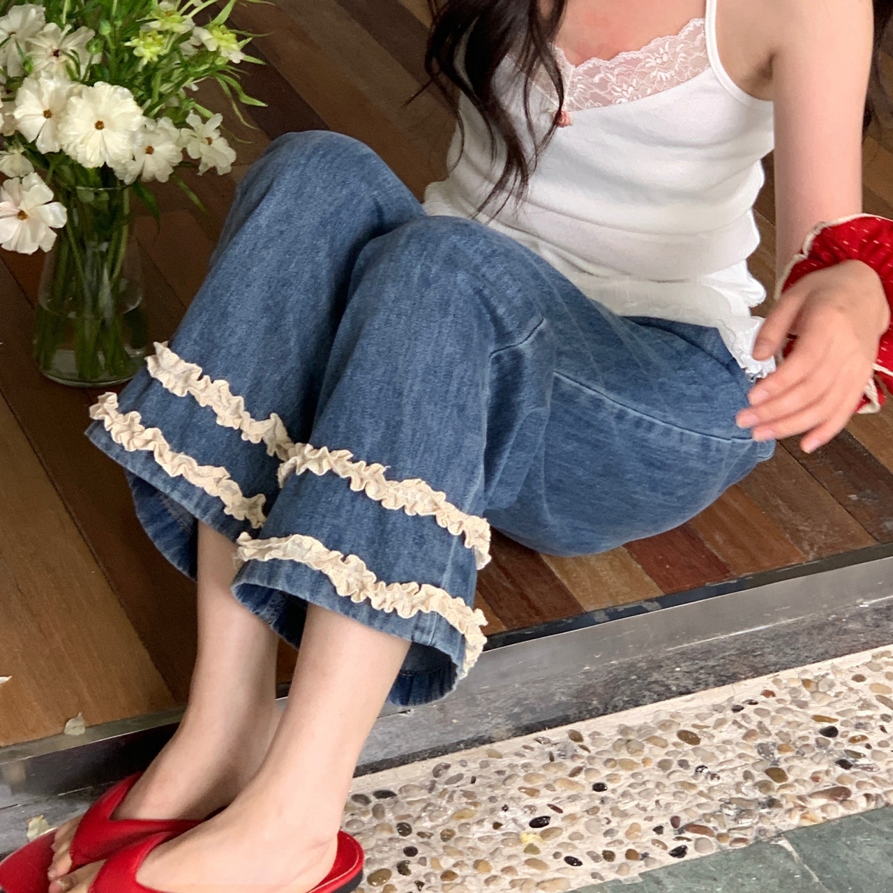 レディース パンツ ボトムス デニム ロングパンツ ワイドパンツ ワイド フェミニン フリル ファスナー ポケット かわいい カジュアル おしゃれ こなれ感 ラフ メンズライク マニッシュ