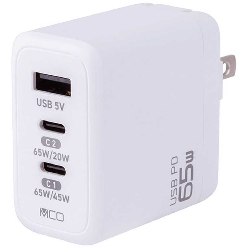 ナカバヤシ　AC-USB充電器 ノートパソコン・タブレットPC対応 65W ［3ポート：USB-Cx2＋USB-A / USB Power Delivery対応］ ホワイト　JYU-ACU013W