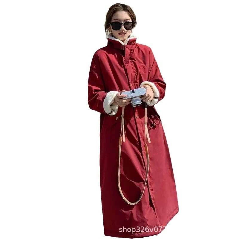 中わた入り厚手ラムウールコート女性2024冬新作コットンコート膝上ロングセクション韓国ルーズ香港スタイルパイ克服