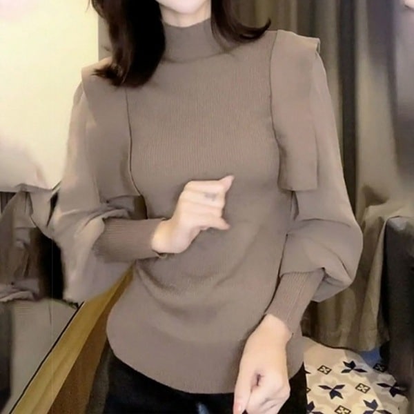 【フェミニン】 長袖 ハーフネック ランタンスリーブ 無地 プルオーバー ニットセーター