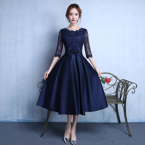 ドレス イブニング パーティー 結婚式 二次会 披露宴 ステージ フォーマル ミドル丈 7分袖 袖あり ラウンドネック 襟なし プリンセスライン Aライン レース 刺繍 リボン ウエストリボン