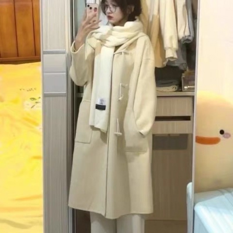 ミルクイエロー韓国風フード付きウールコートレディース秋冬ホーンボタンスモールコート2024新作ウインドブレーカー 5,059円