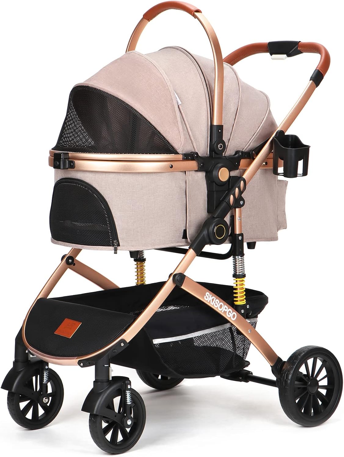 折りたたみ式ペットカート 分離型 前輪360度回転 後輪ブレーキ付き 耐荷重20kg カーキ