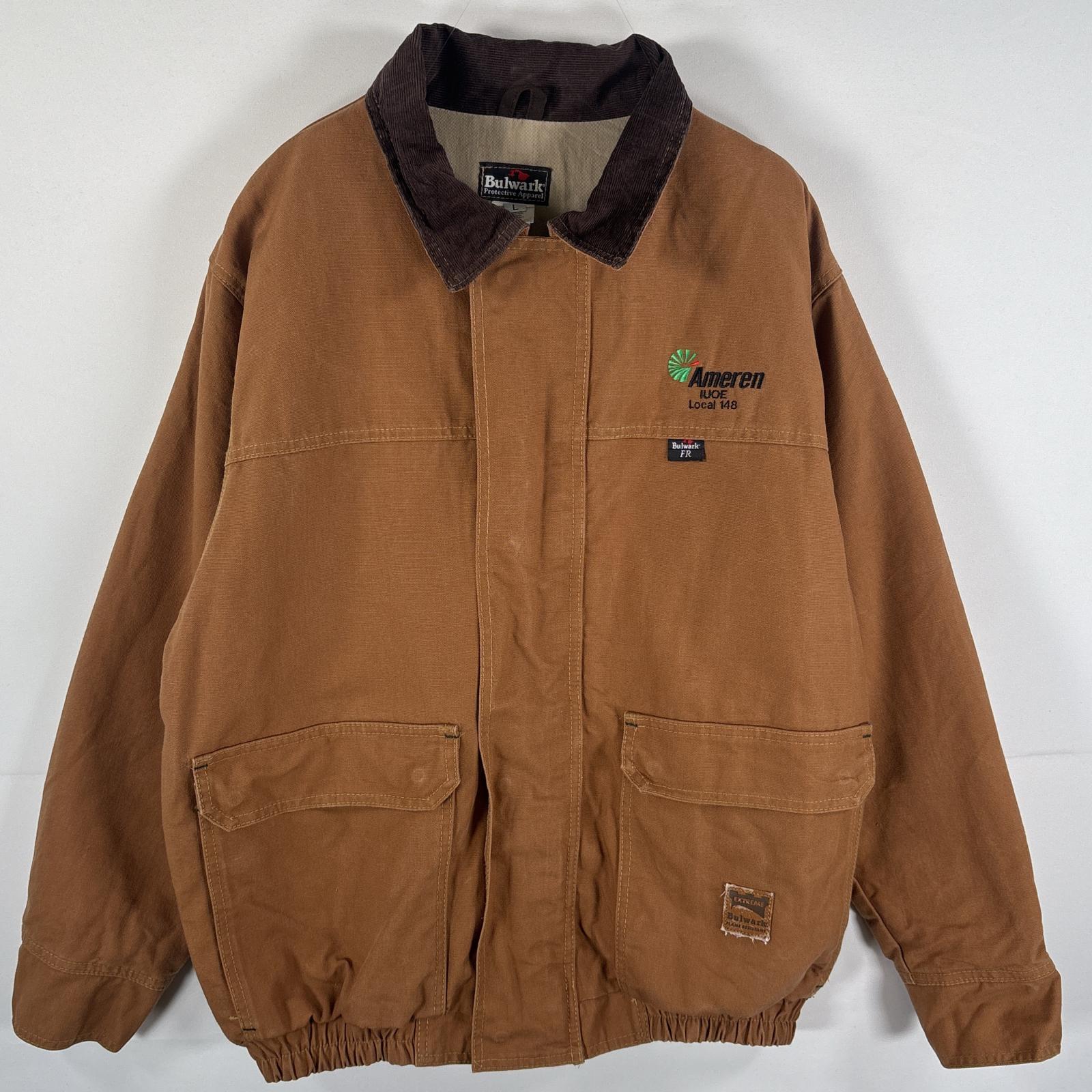 古着 バルワーク Bulwark ワークジャケット フルジップ 企業ロゴ刺繍 襟コーデュロイ 袖ボタン L ブラウン メンズ