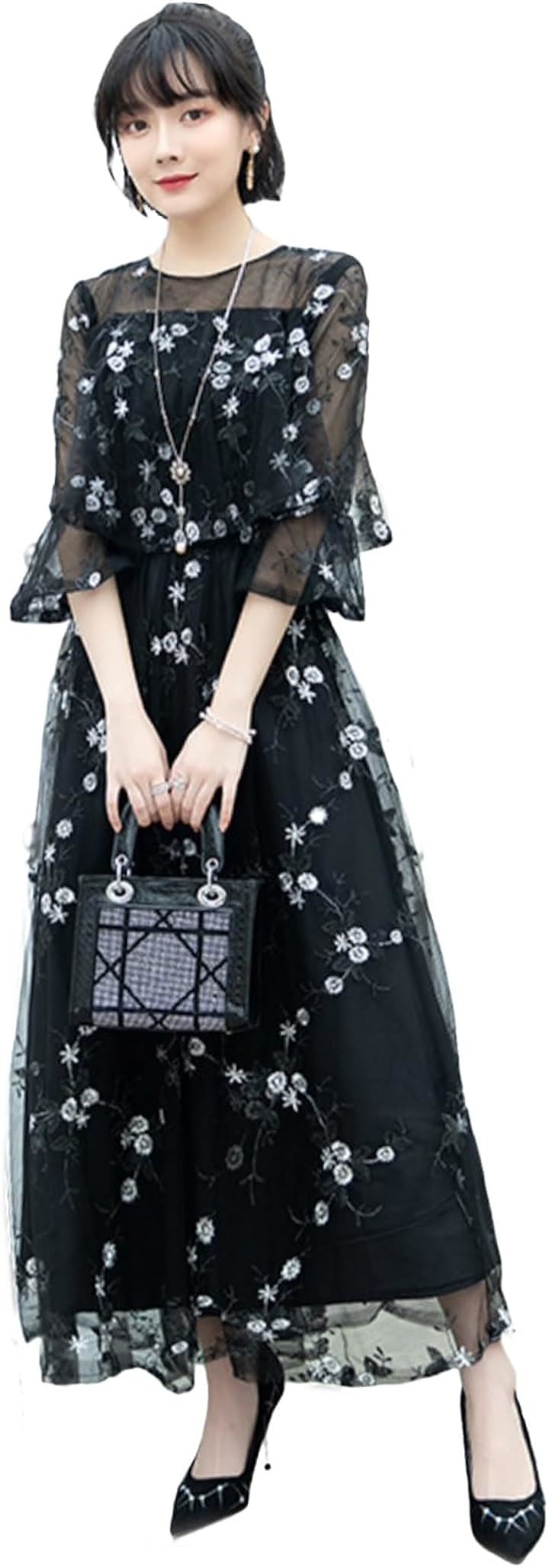 結婚式 ドレス ロング 個性的 Aライン レース 刺繍 ワンピース( ブラック, M) 7,291円