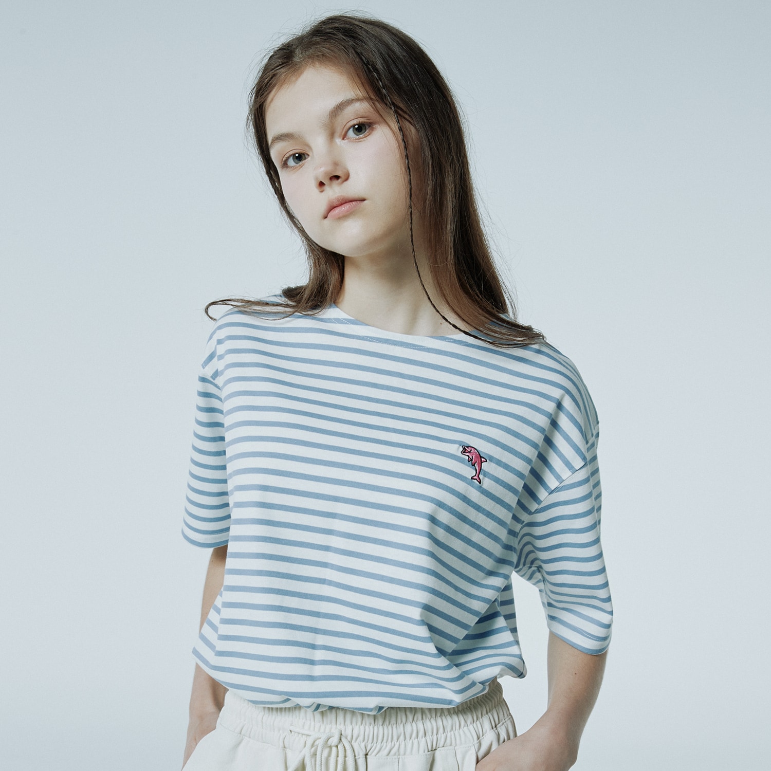 Dolphin stripe boat neck half sleeve t shirts WHIT