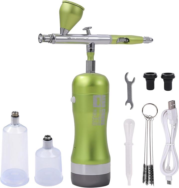 充電式 エアブラシ エアロクロス コードレス ハンドピース コンプレッサー USB type-C 小型 プラモ 模型 塗装 アート ペイント(メタリックライム, ダブルアクション)