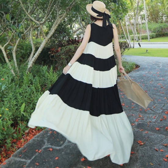 【取寄：納期2週間】ワンピース 夏 ロング丈 ノースリーブ ロングワンピース モノクロ 白黒 かわいい ワンピース