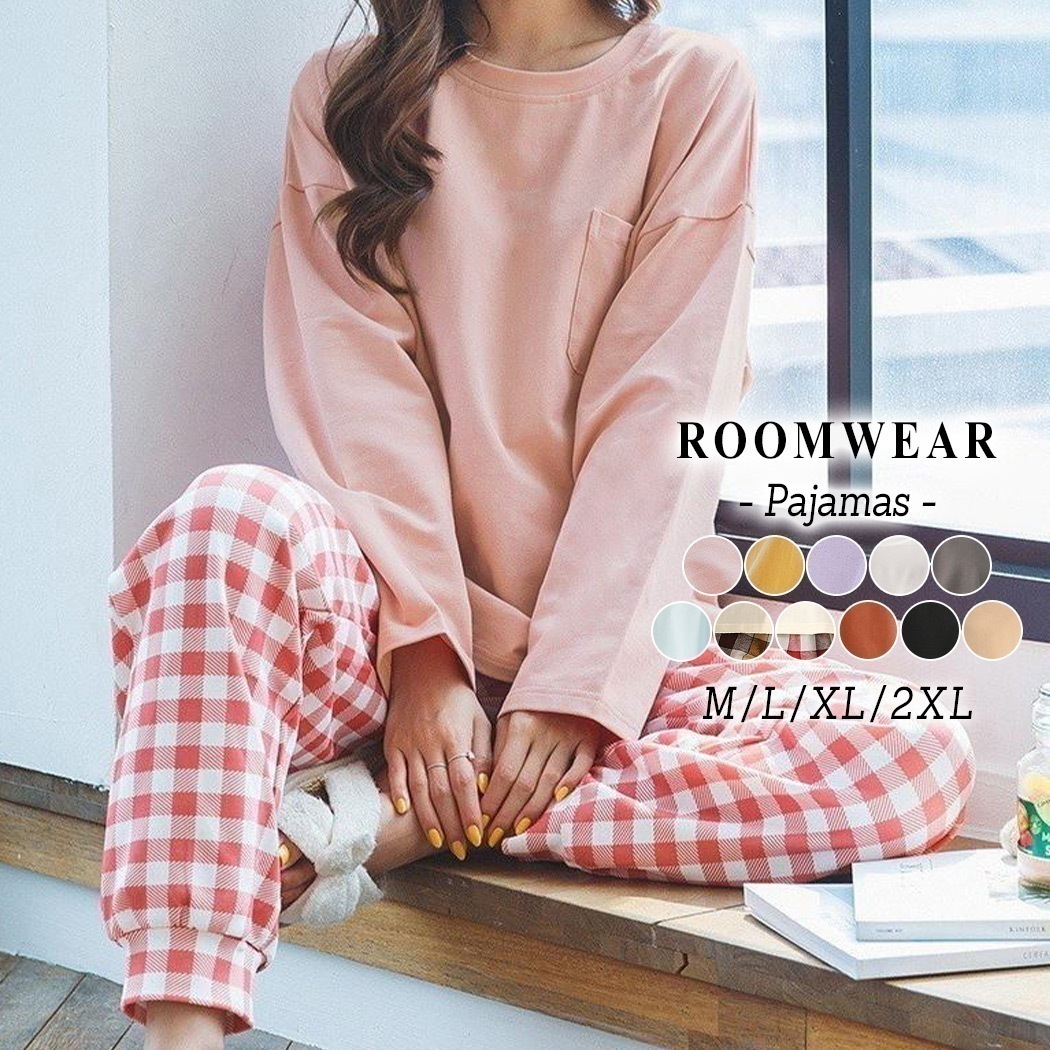 ルームウェア レディース 可愛い 長袖 上下セット 春秋 パンツ トップス セットアップ 2点セット ゆったり パジャマ 部屋着 寝巻き カットソー プルオーバー ドロップショルダー ポケット 薄手