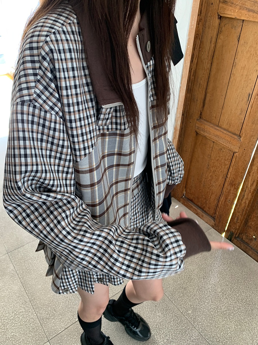 甘くてクールな英国カレッジスタイルのスタジャン＋ハイウエストaラインプリーツスカートスーツ