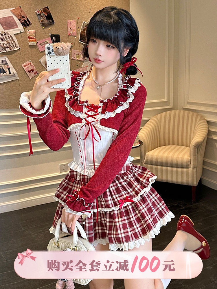 【まとめ買い100オフ】お茶屋チェリーワインスイートクールレッドチェック柄レースプリンセスドレスケーキドレス 6,549円