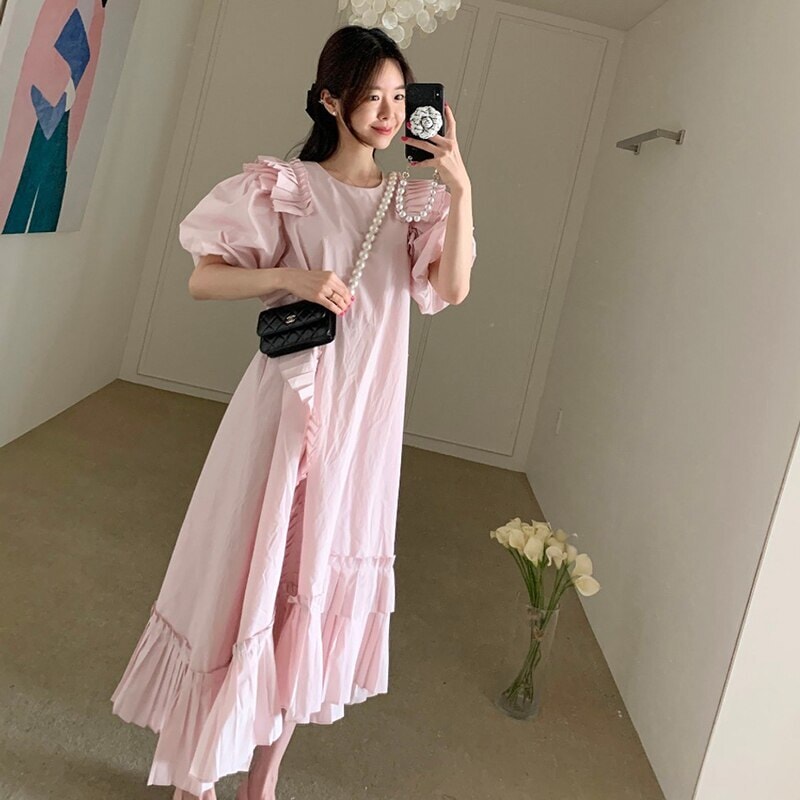 ワンピース レディース Aラインワンピース シフォンワンピース ロング丈 半袖 無地 夏 セミフレア