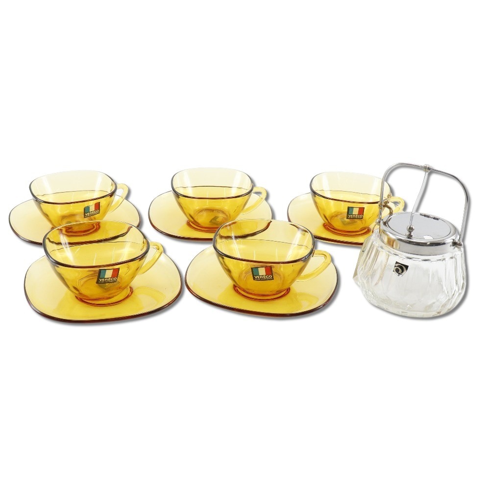 VERECO ベレコ カップ&ソーサー 5客セット 琥珀ガラス FRANCE シュガーポット付き 食器 _ 未使用 Sランク