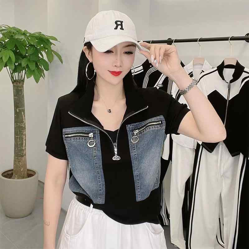 レディース ファッション おしゃれ 夏 スリム デニム レトロ 個性 コント カラー ブロッキング 半袖 Tシャツ