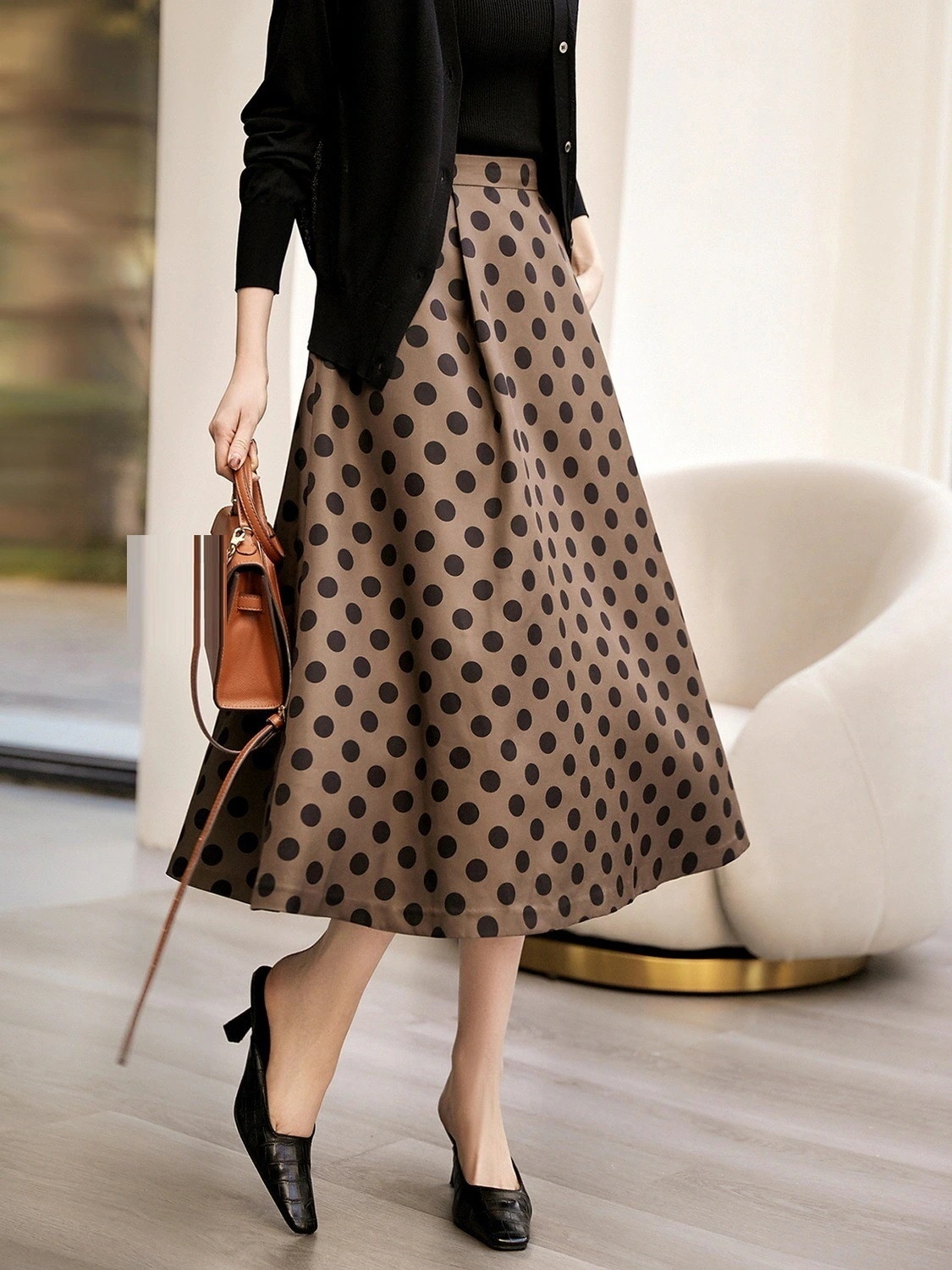 プリーツスカート 2024レトロなハイウエストのドットが着やせスカート マキシスカート