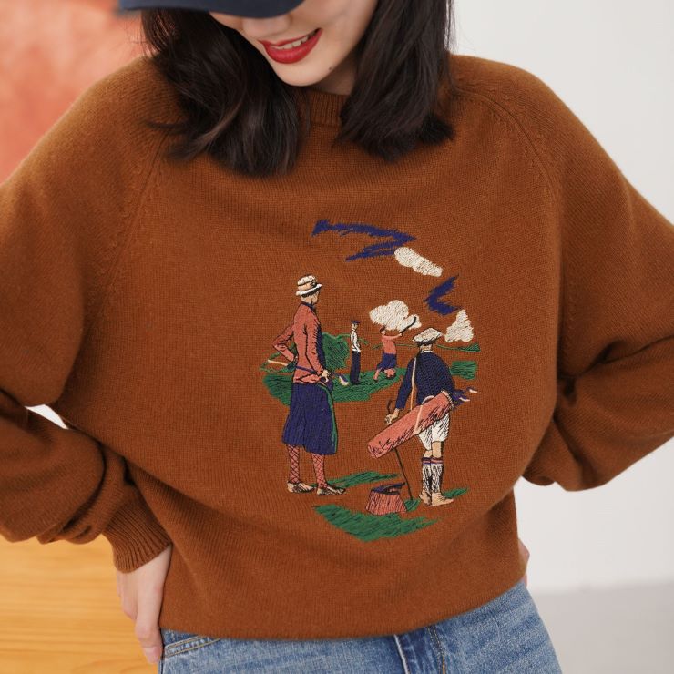 高い素材 ゴルフ刺繍デザインニット レディース 冬 秋 刺繍 長袖 パーカー color:ブラウン - flaviogimenis.com.br