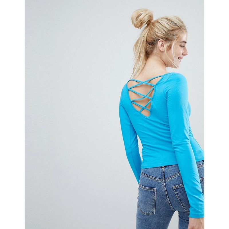 モンキー レディース トップス【Monki Lattice Back Long Sleeve Top】Blue モンキー レディース トップス【Monki Lattice Back Long Sleeve Top】Blue