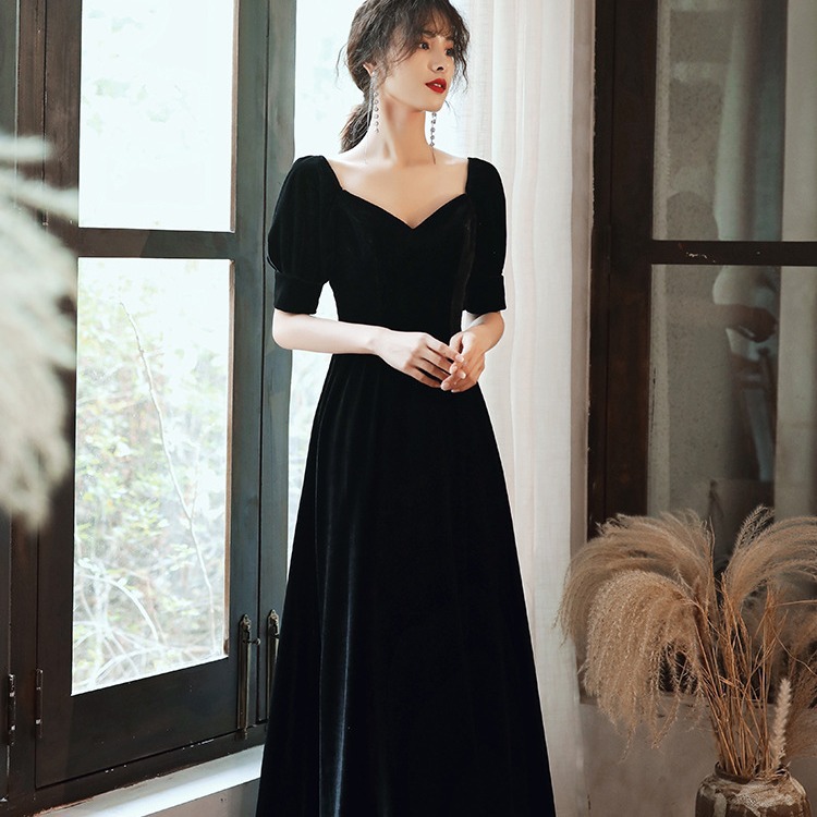 【2枚購入で 3oo円OFF】ブラックドレスレトロロングドレスホスト女性コーラスパフォーマンスコスムvネック卒業ドレス