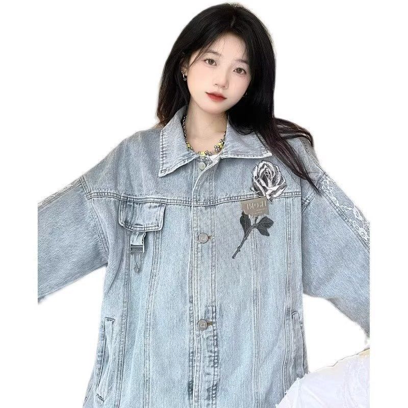 コーデに役立つ！デニムジャケット2024新しいアメリカンデニムローズジャケット女性ヴィンテージ何百もの緩いカジュアルデニムジャケット