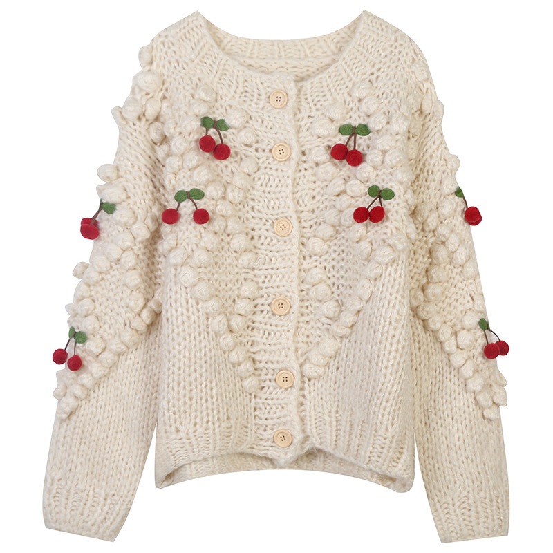 春と秋のセーターの上着カーディガンフック豆豆チェリーレトロでだるいニットカーディガンのブラウス