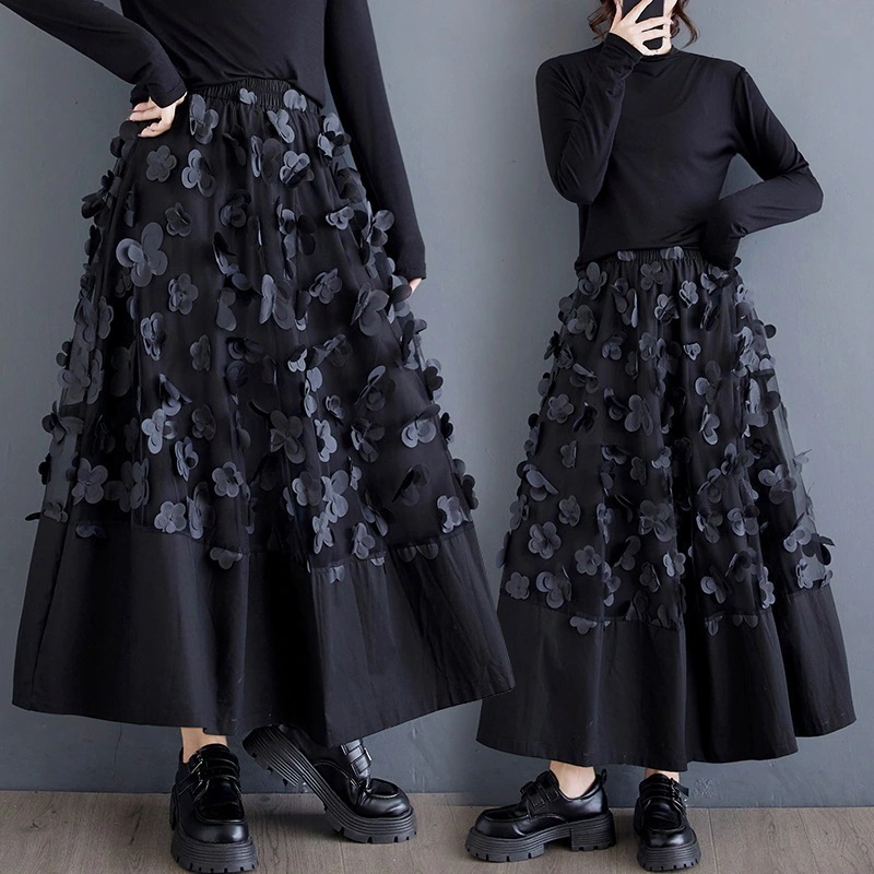 春秋韓国フレアスカート新型刺繍ゆったりとした大きいサイズのステッチデザイン感マキシスカート
